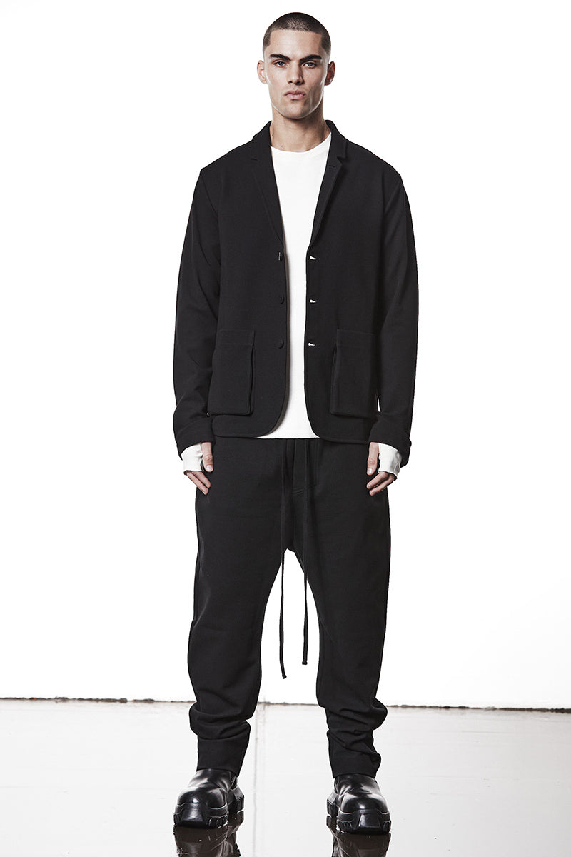 BLACK STRUCTURED WOVEN LOW CROTCH PANTS