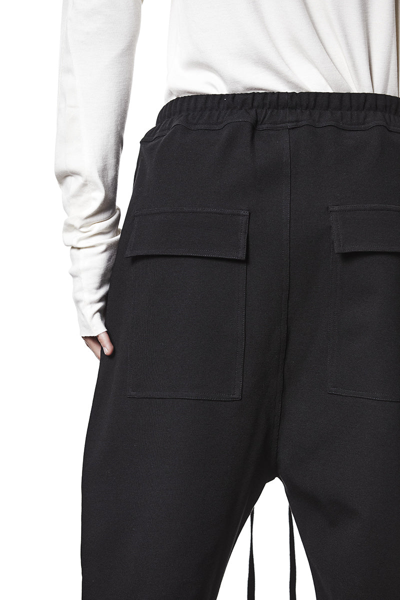 BLACK STRUCTURED WOVEN LOW CROTCH PANTS