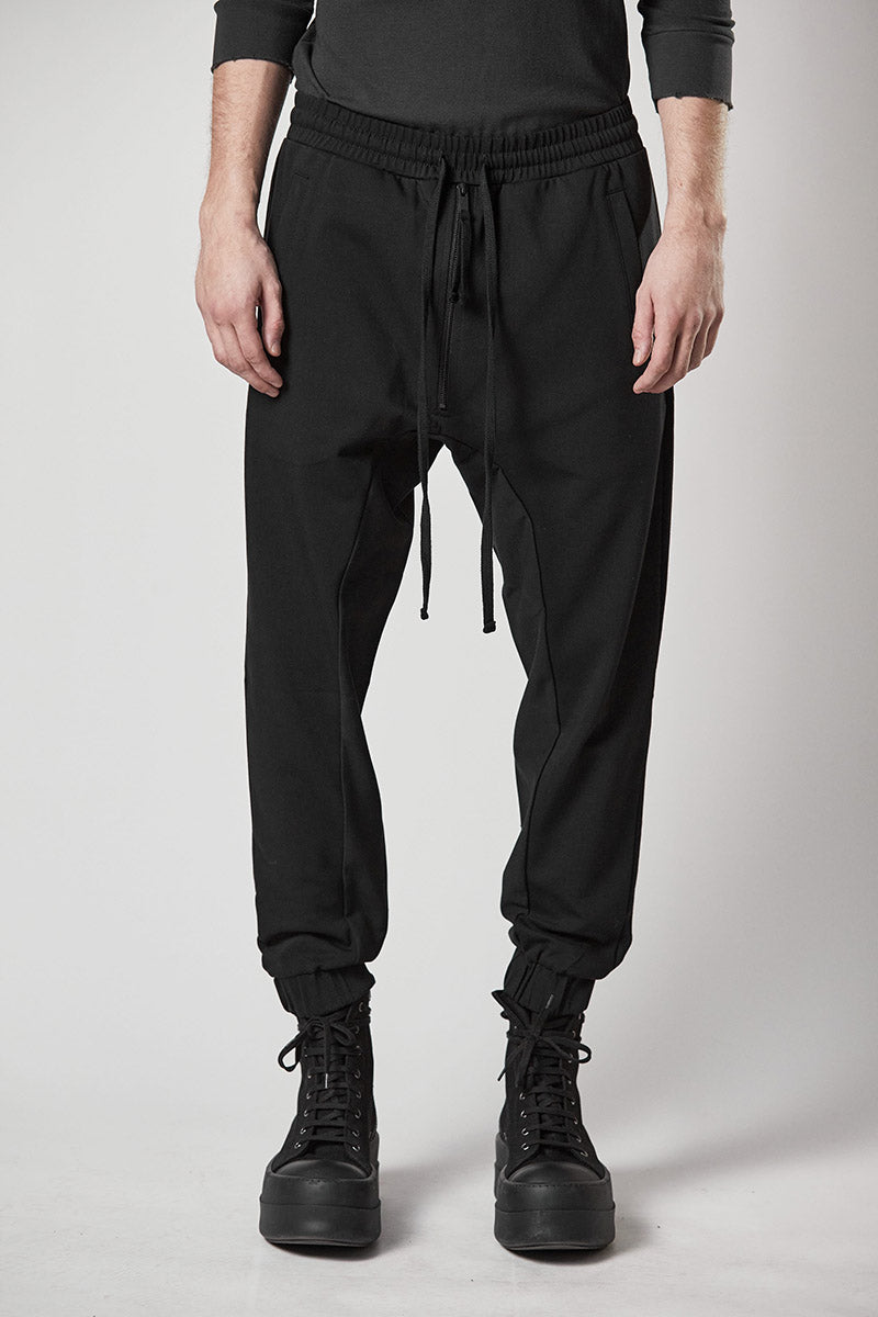 BLACK ZIPPED DROP CROTCH PANTS