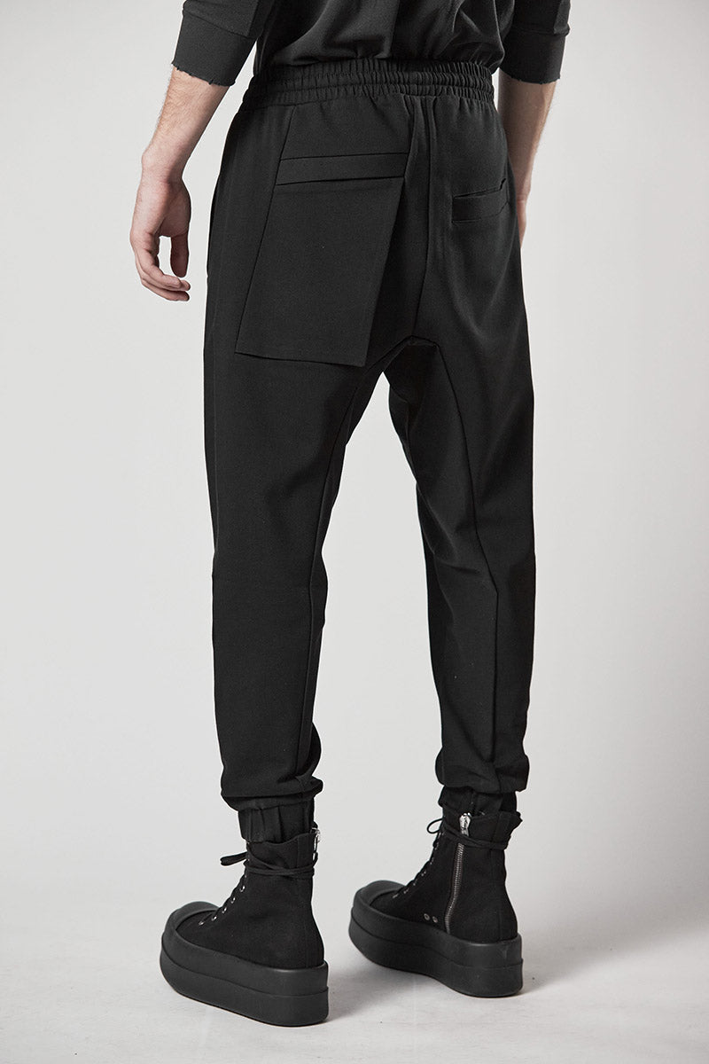 BLACK ZIPPED DROP CROTCH PANTS