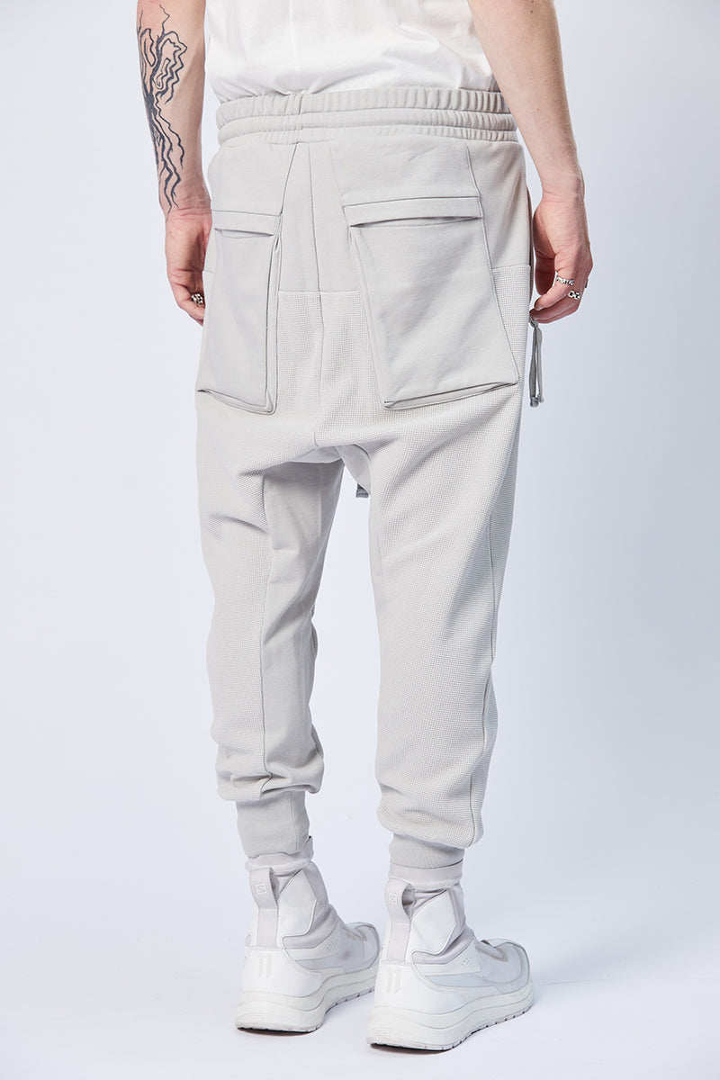 SILVER TEXTURED DROP CROTCH TROUSERS
