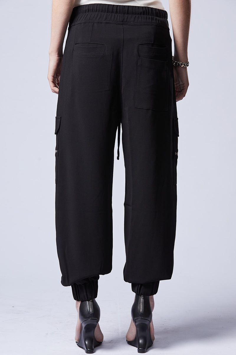 BLACK WOVEN CARGO TROUSERS
