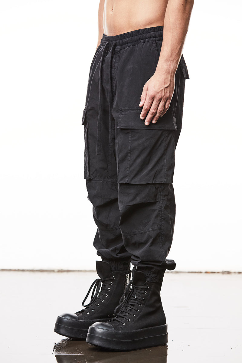 BLACK WIDE CRUSHED COTTON CARGO TROUSERS
