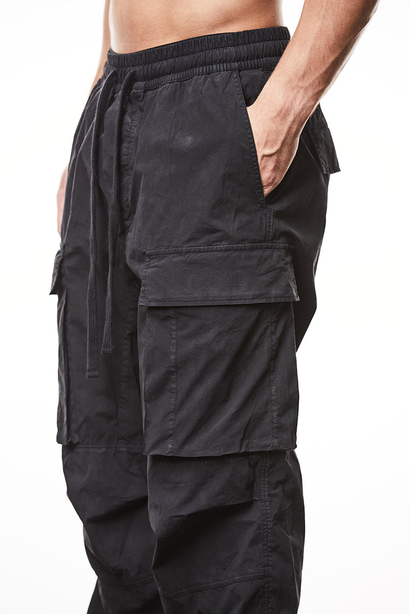 BLACK WIDE CRUSHED COTTON CARGO TROUSERS