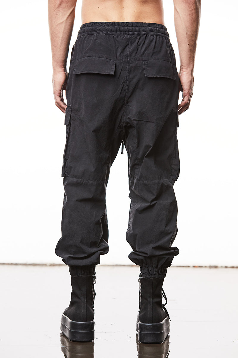 BLACK WIDE CRUSHED COTTON CARGO TROUSERS