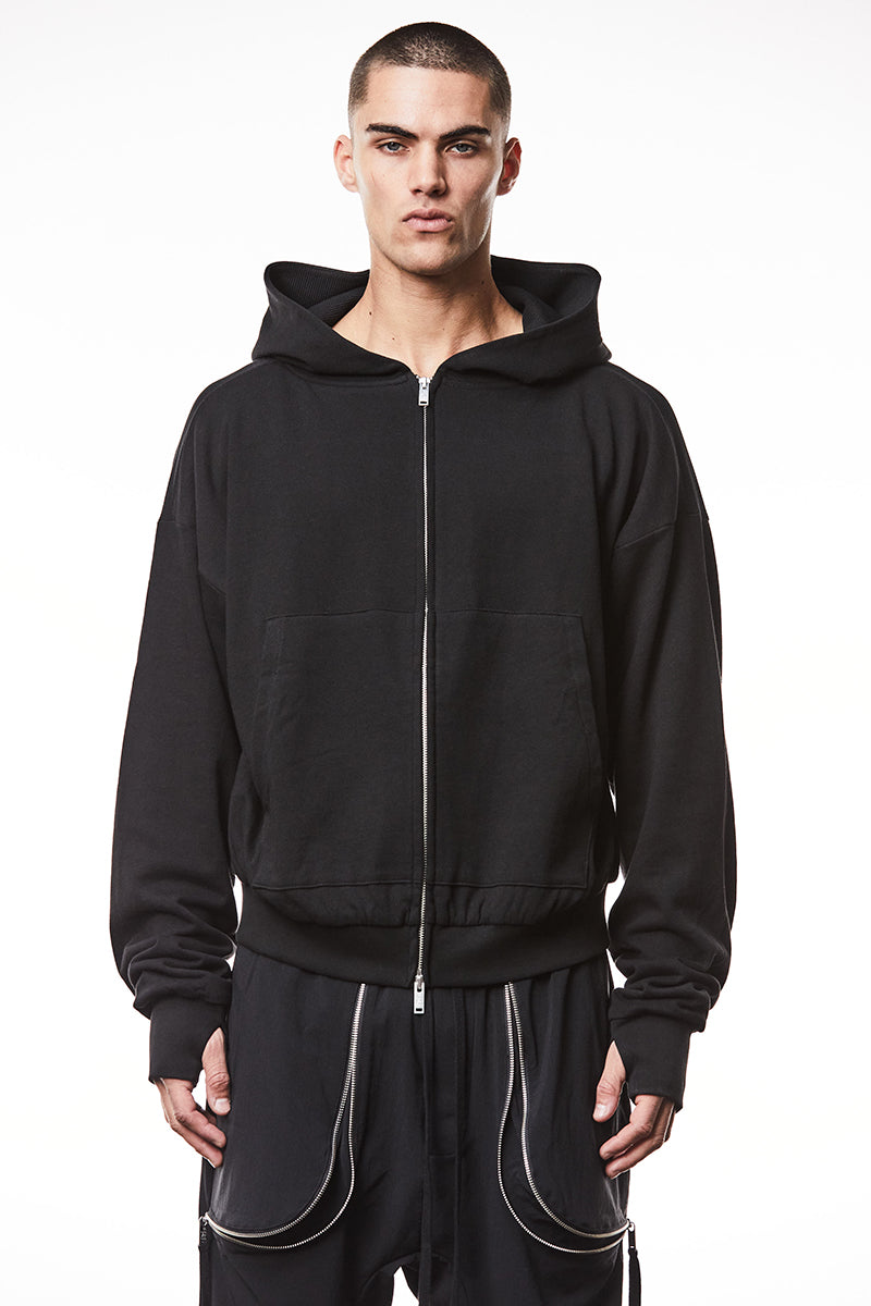 BLACK HOODED SWEAT ZIPPED JACKET