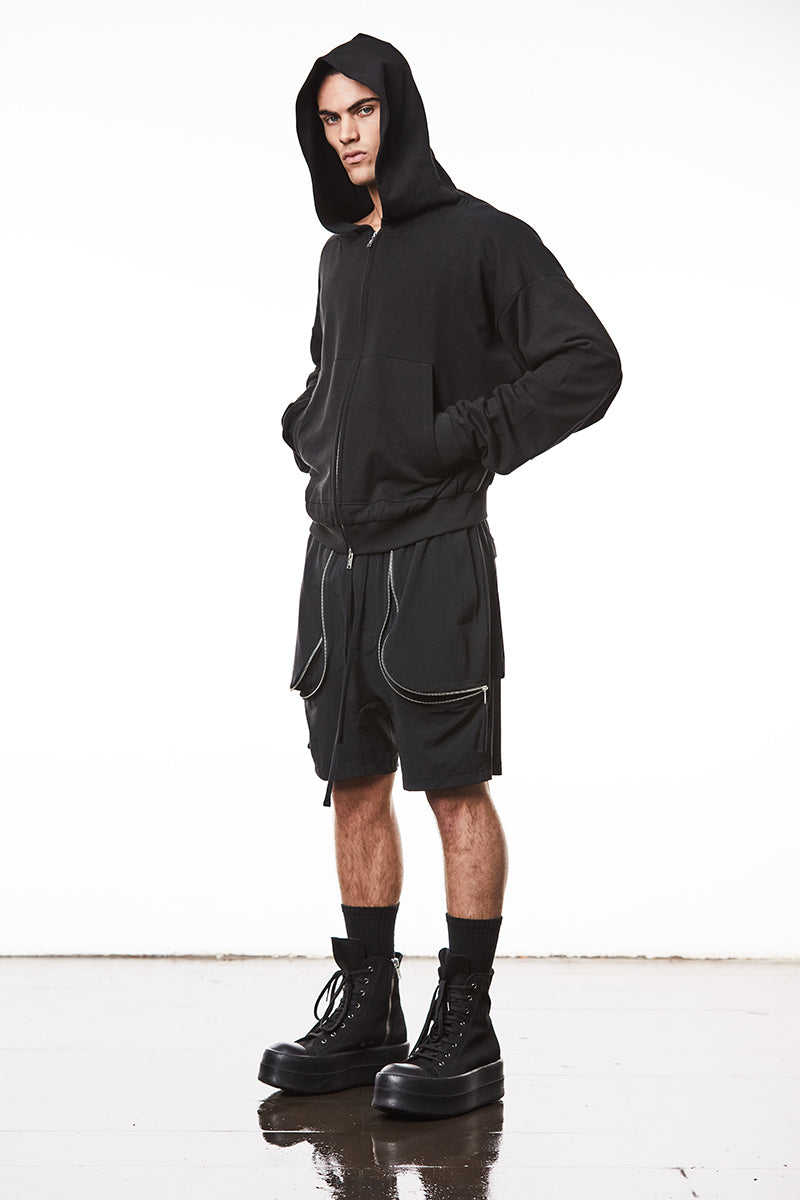 BLACK HOODED SWEAT ZIPPED JACKET