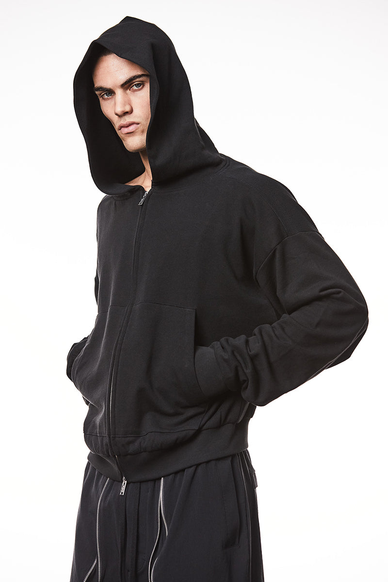 BLACK HOODED SWEAT ZIPPED JACKET
