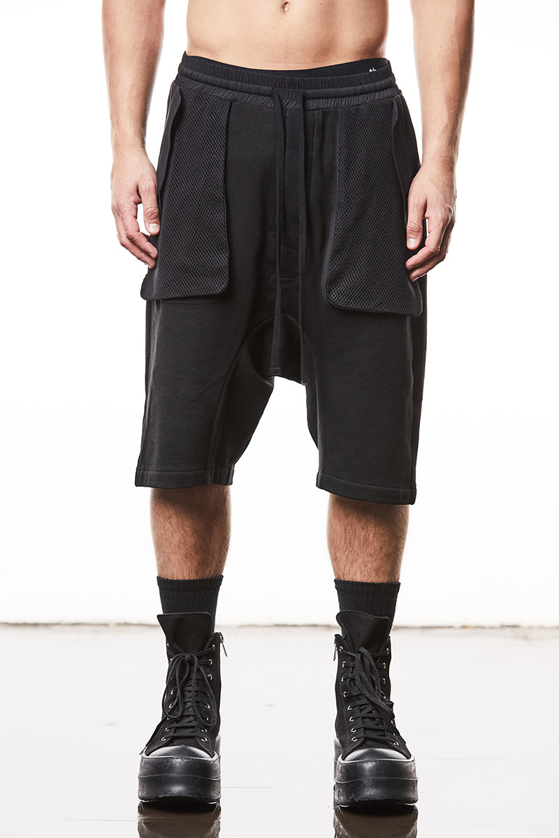 BLACK DROP CROTCH COTTON SHORTS