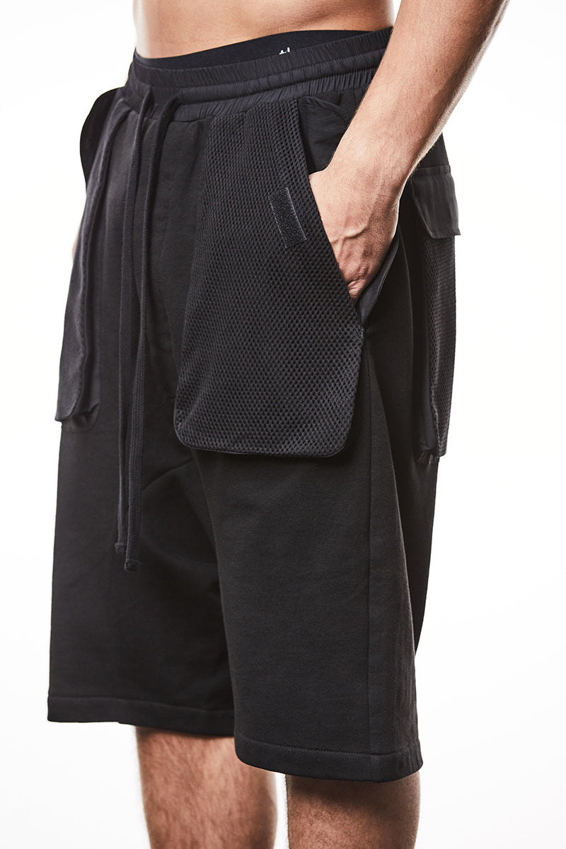 BLACK DROP CROTCH COTTON SHORTS