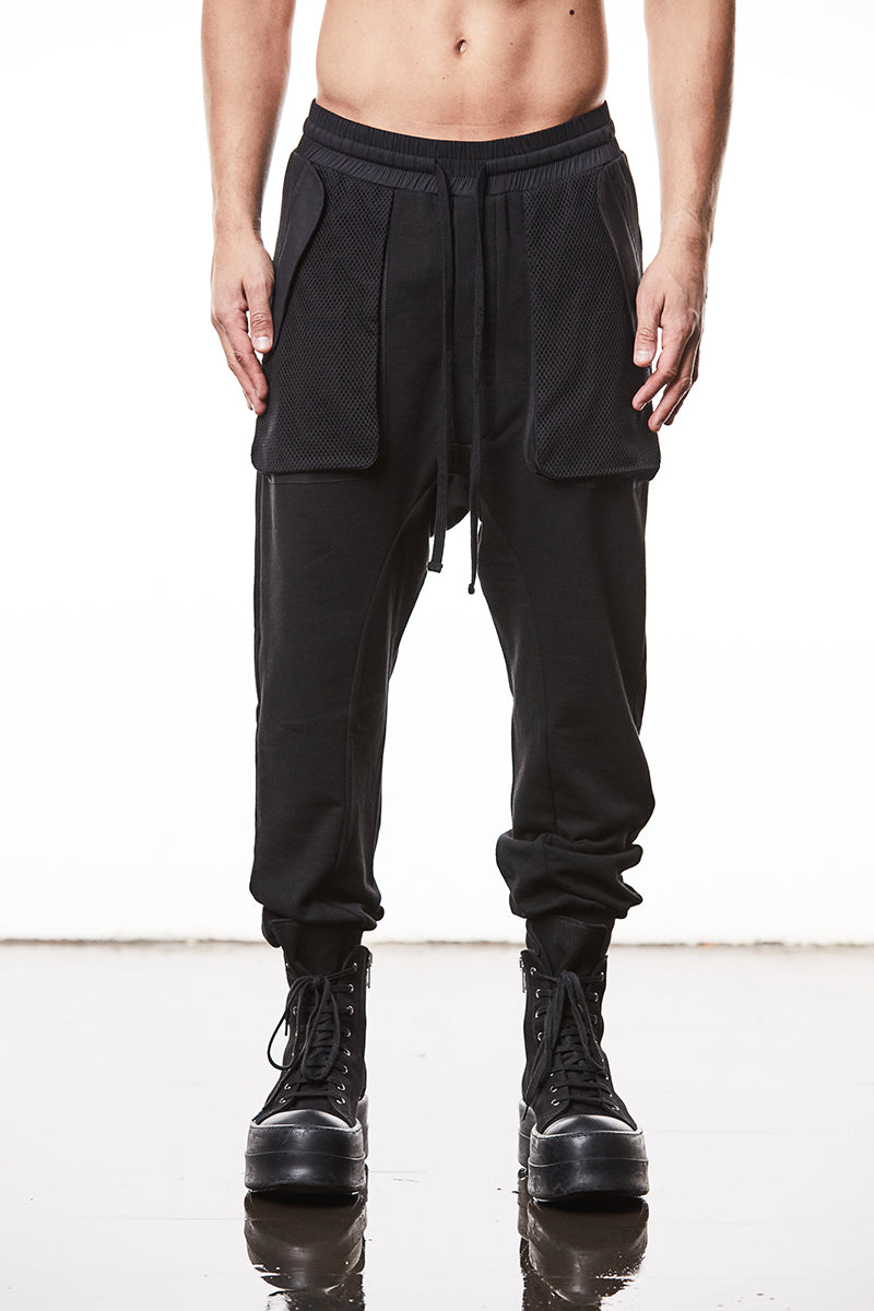 BLACK PATCHED MATMIX TROUSERS