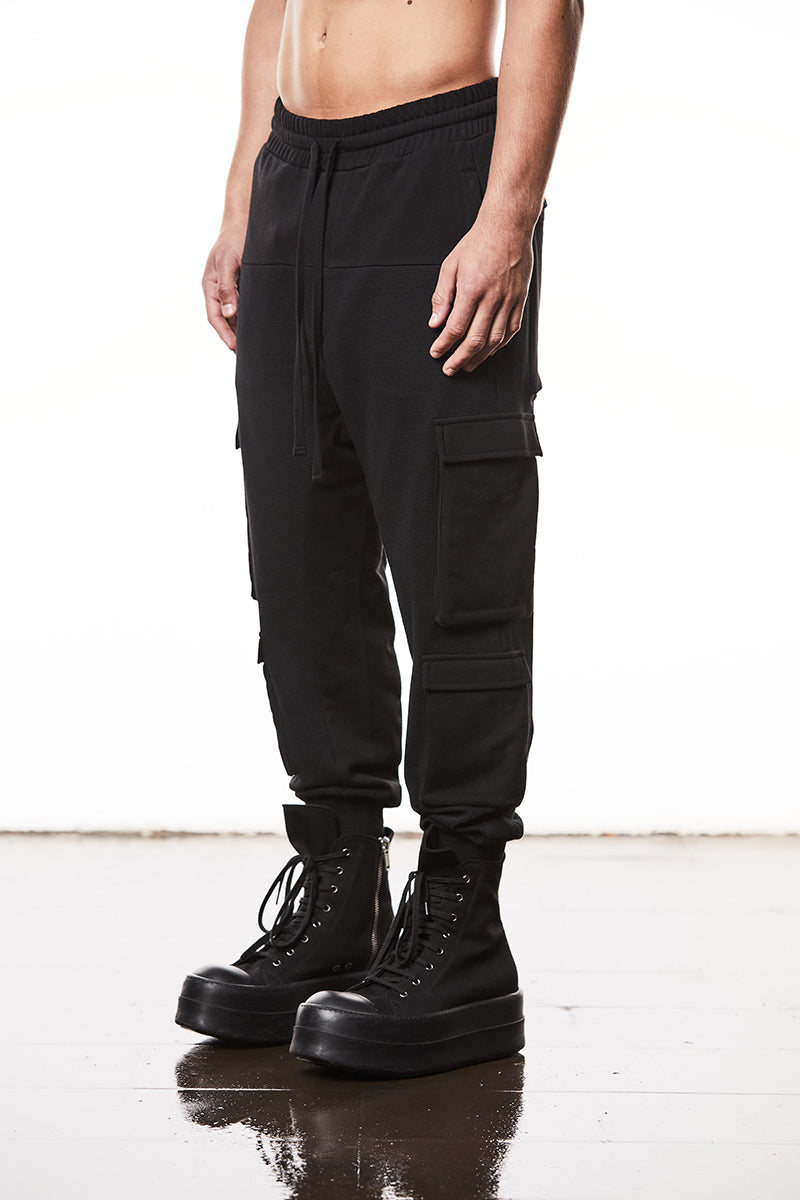 BLACK MATMIX CARGO TROUSERS