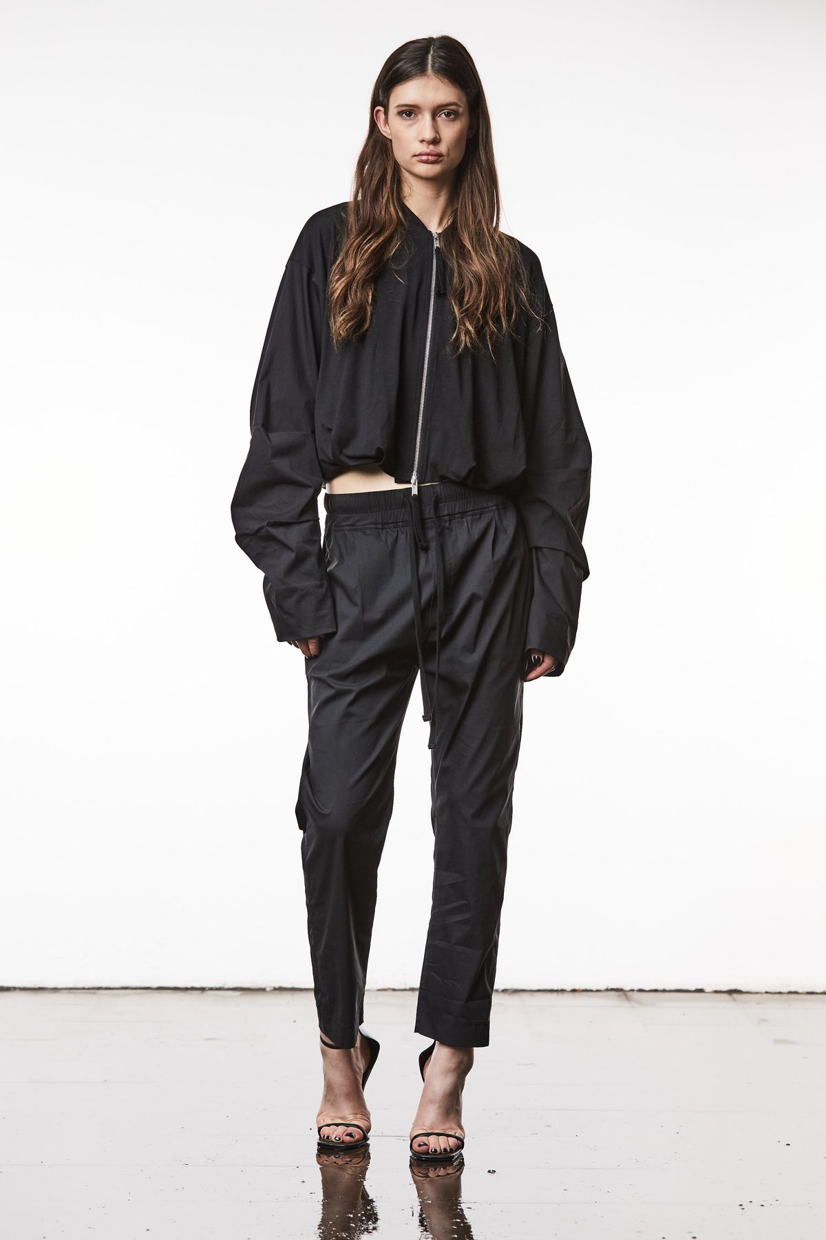 BLACK WOVEN DROPPED CROTCH TROUSERS