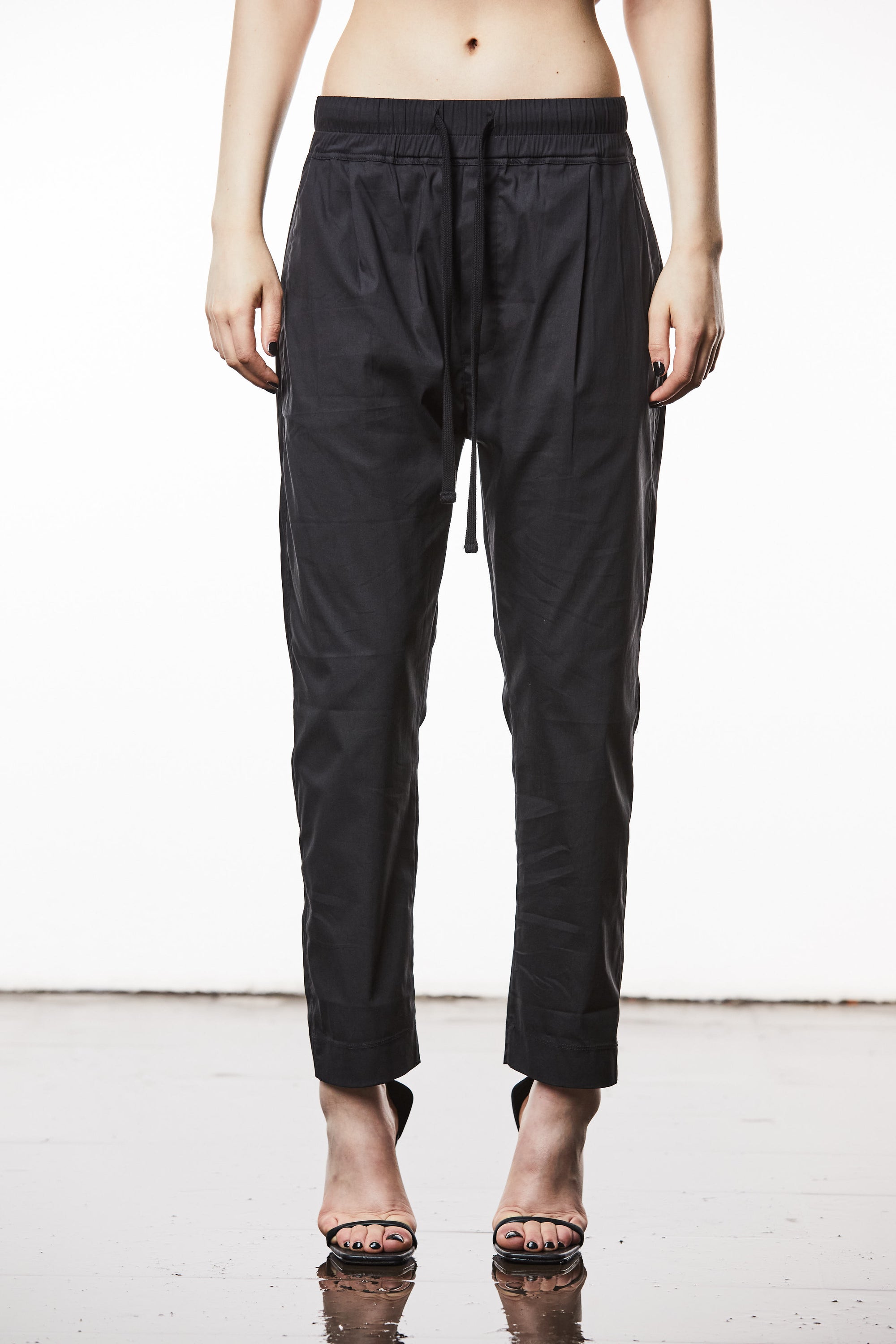 BLACK WOVEN DROPPED CROTCH TROUSERS