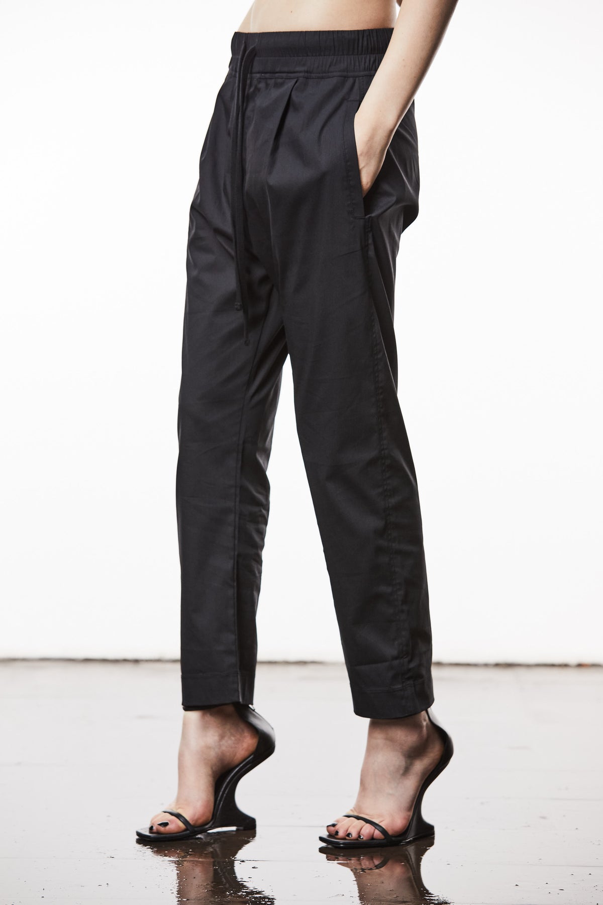 BLACK WOVEN DROPPED CROTCH TROUSERS