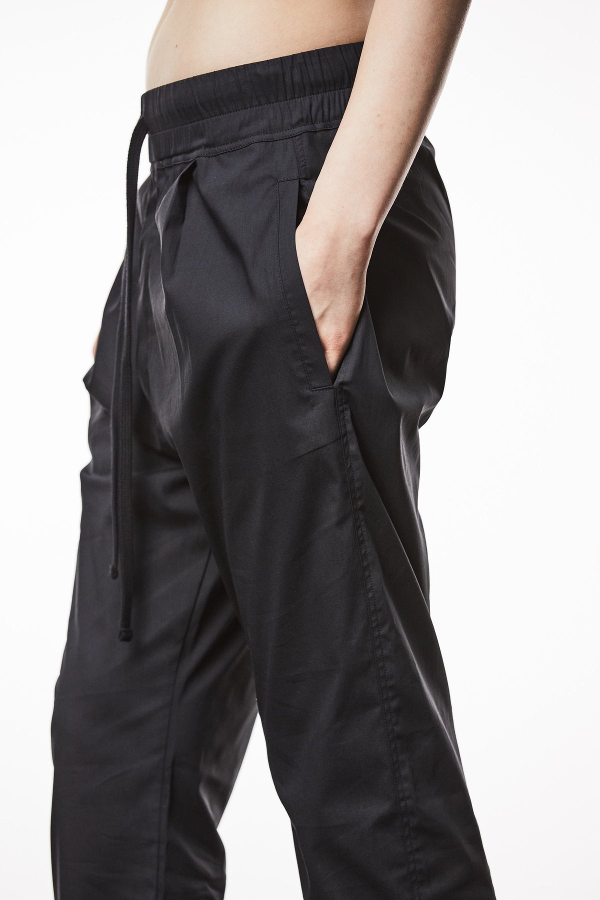 BLACK WOVEN DROPPED CROTCH TROUSERS