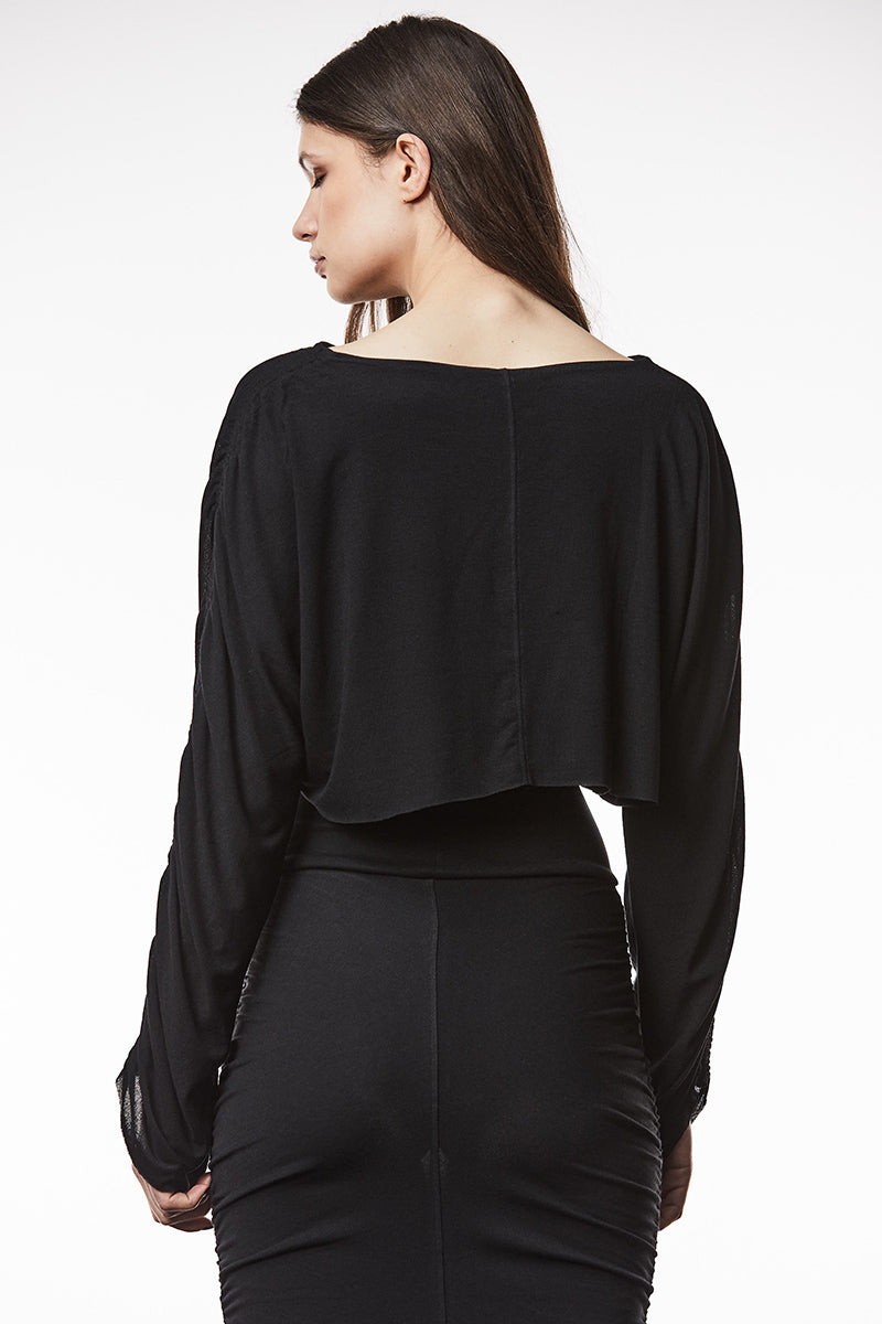 BLACK GATHERED SLEEVES CROPPED TOP