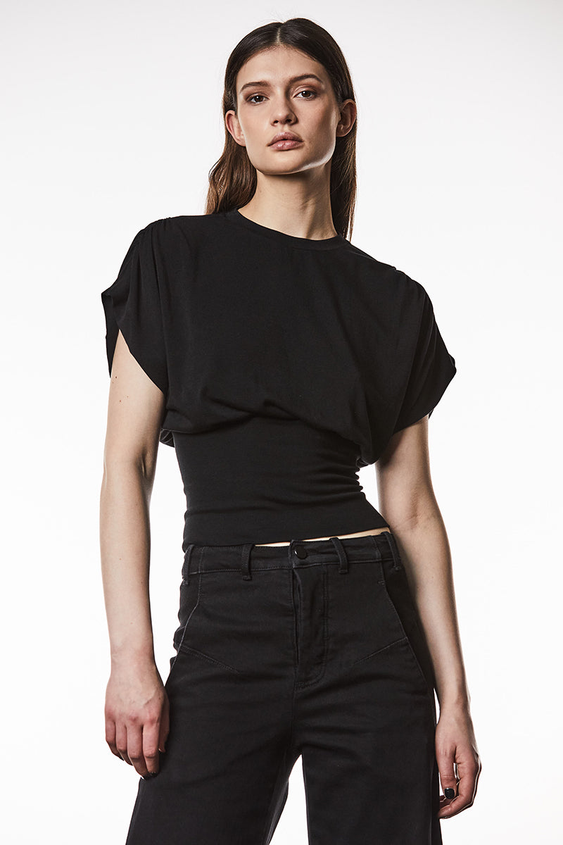 BLACK TAILORED WITH RIB FABRIC TOP