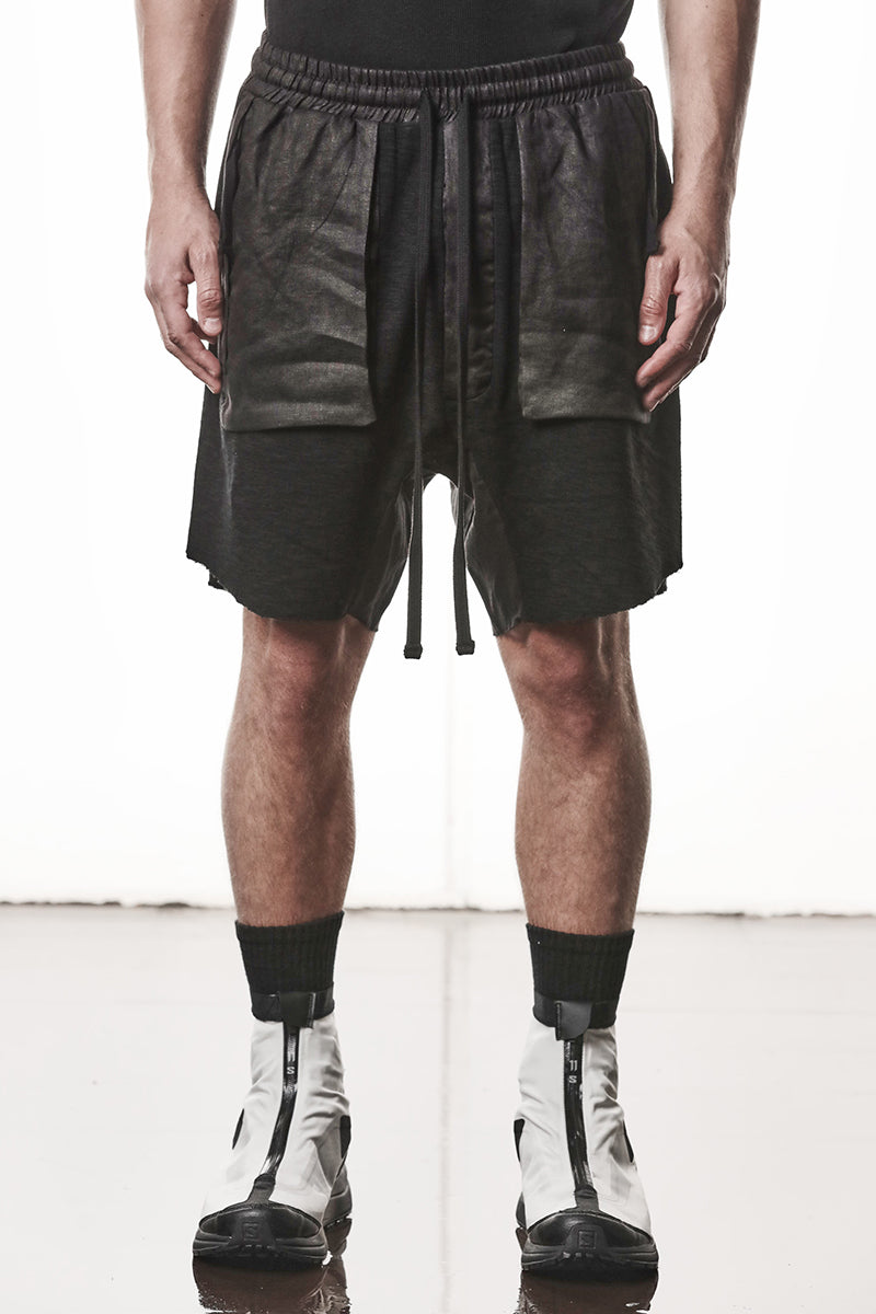 BLACK PATCHED LINEN POCKETS SHORTS