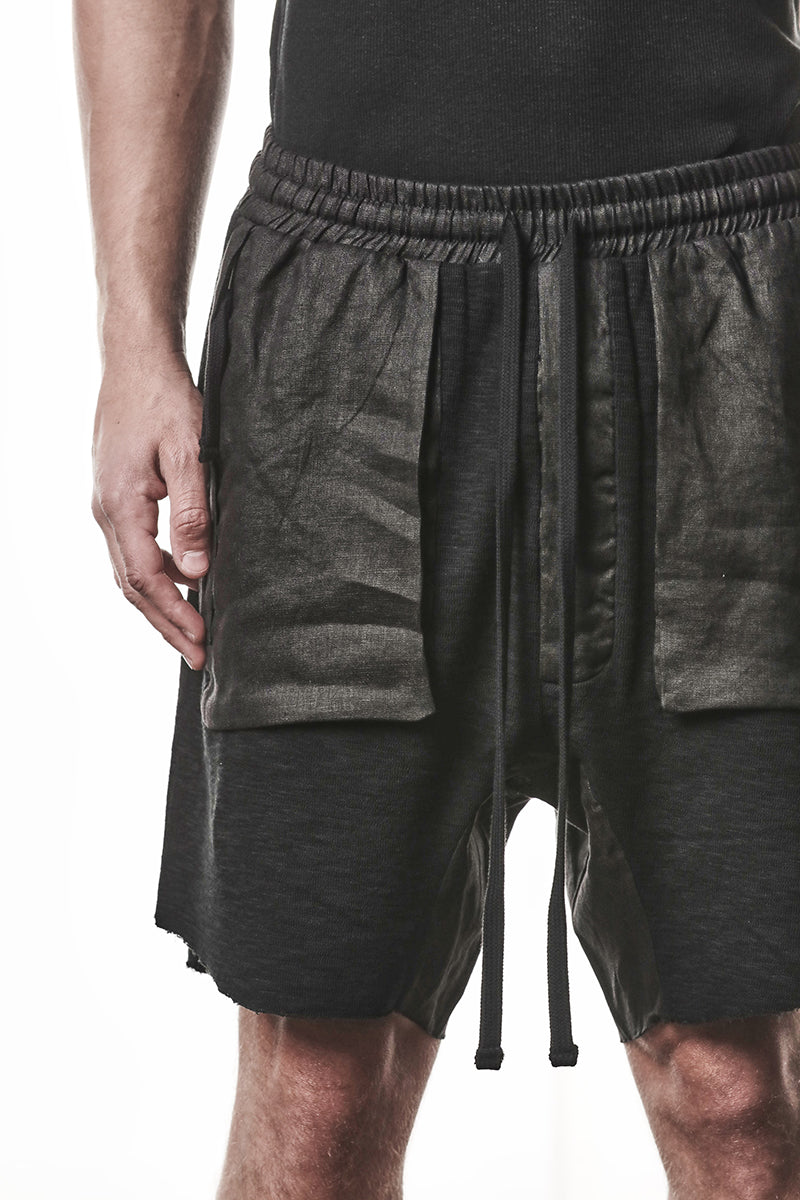 BLACK PATCHED LINEN POCKETS SHORTS