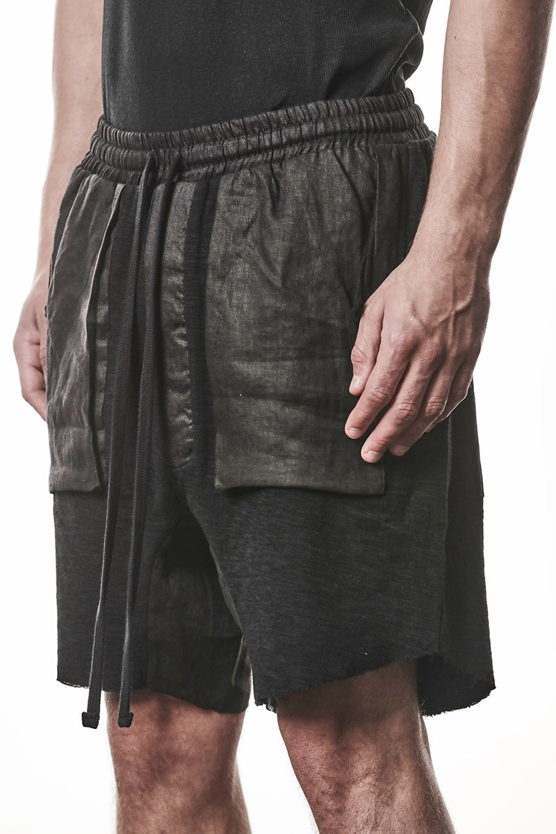 BLACK PATCHED LINEN POCKETS SHORTS