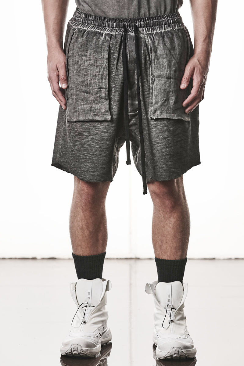 COLD DYED GREY PATCHED LINEN POCKETS SHORTS