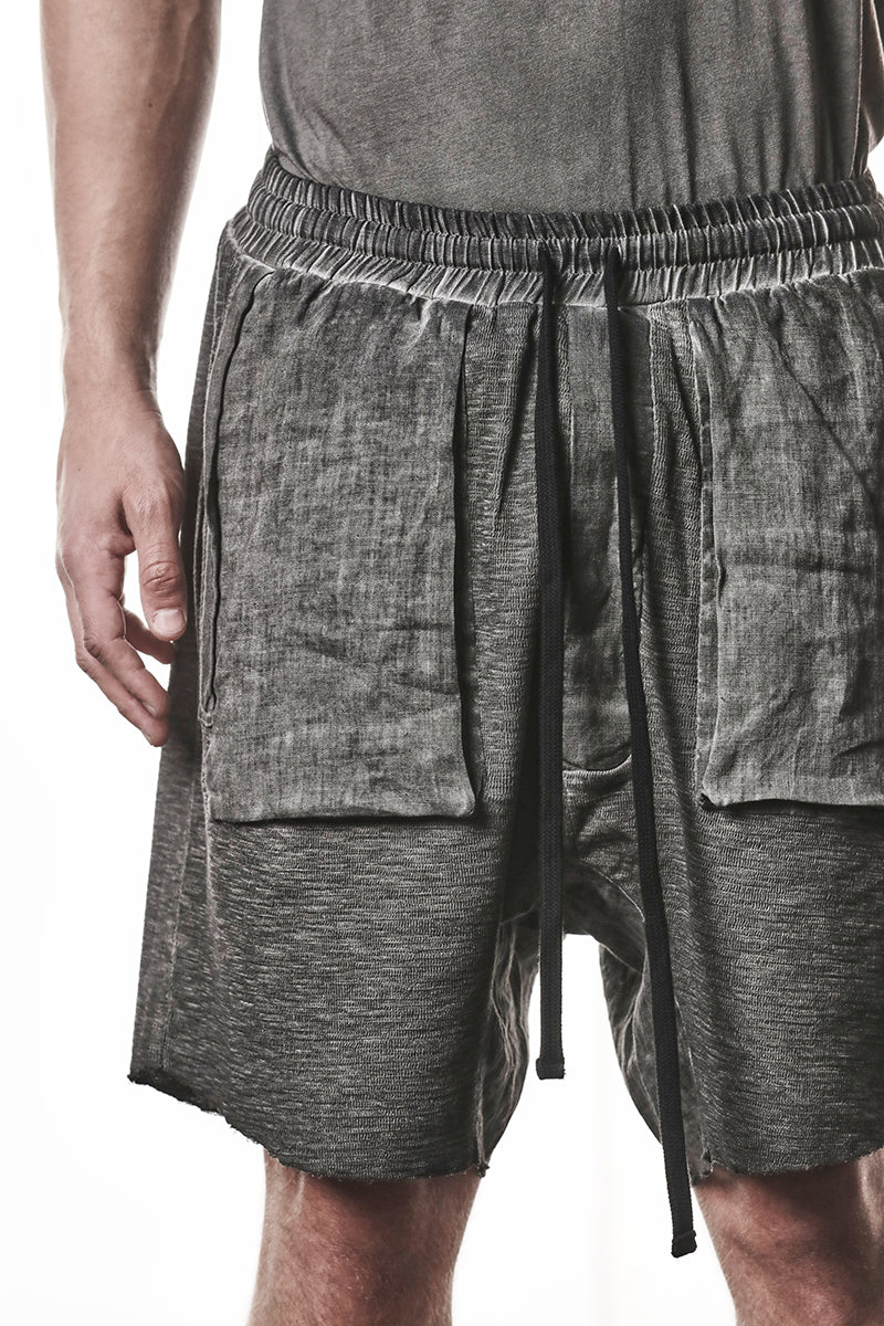 COLD DYED GREY PATCHED LINEN POCKETS SHORTS