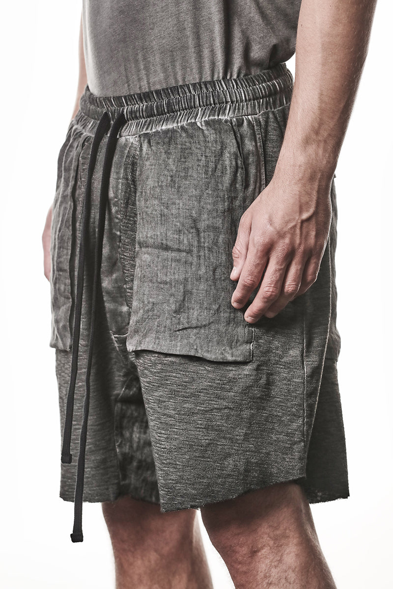 COLD DYED GREY PATCHED LINEN POCKETS SHORTS