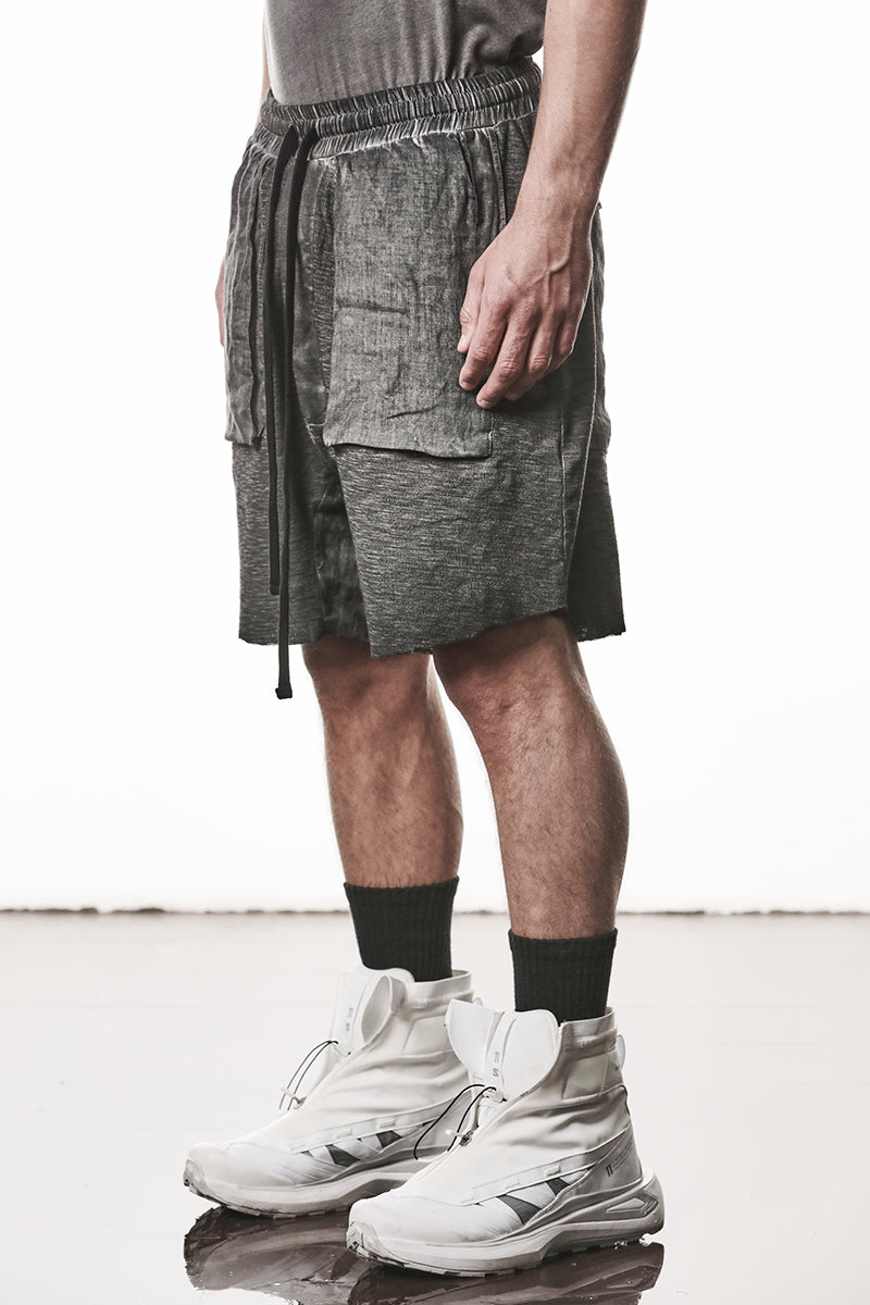 COLD DYED GREY PATCHED LINEN POCKETS SHORTS