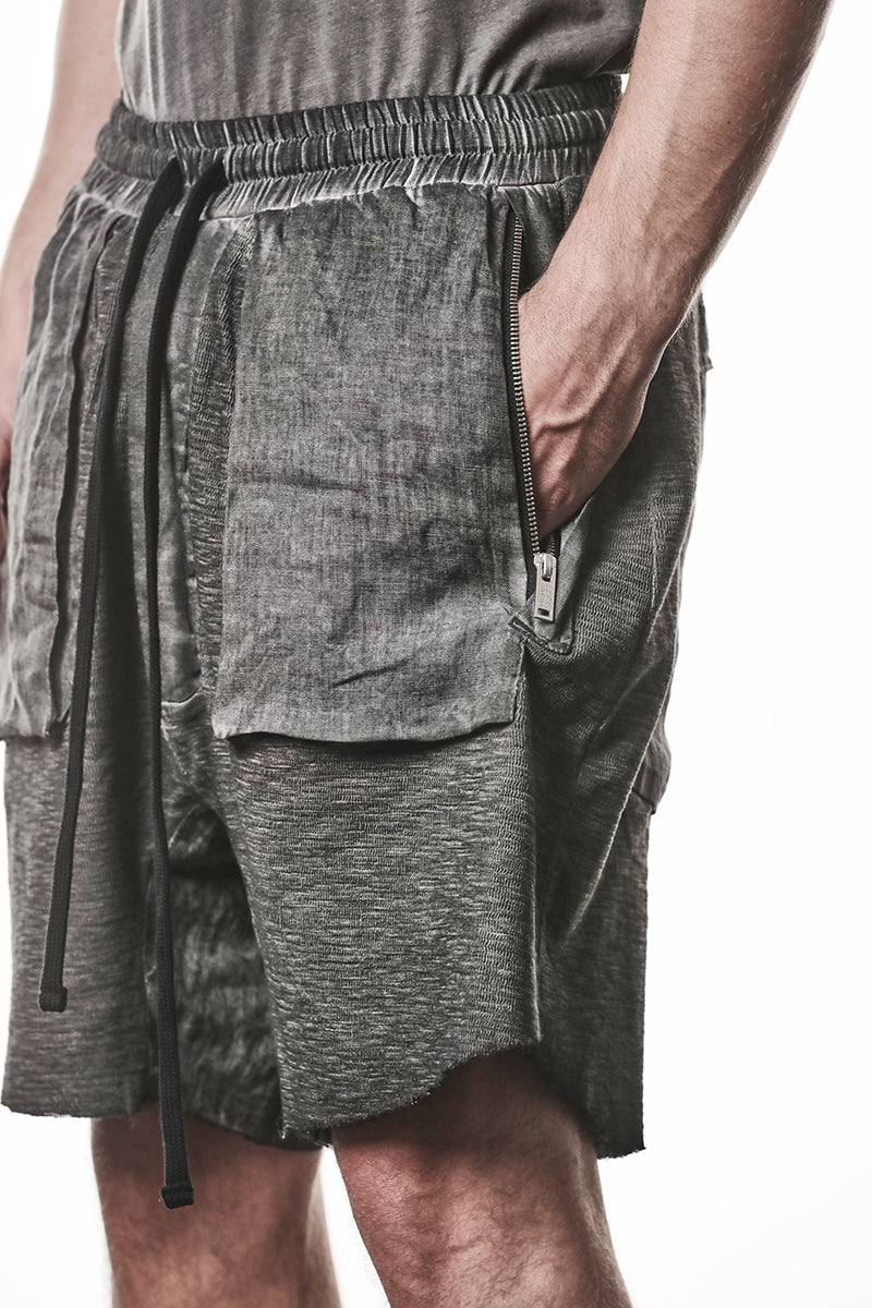 COLD DYED GREY PATCHED LINEN POCKETS SHORTS