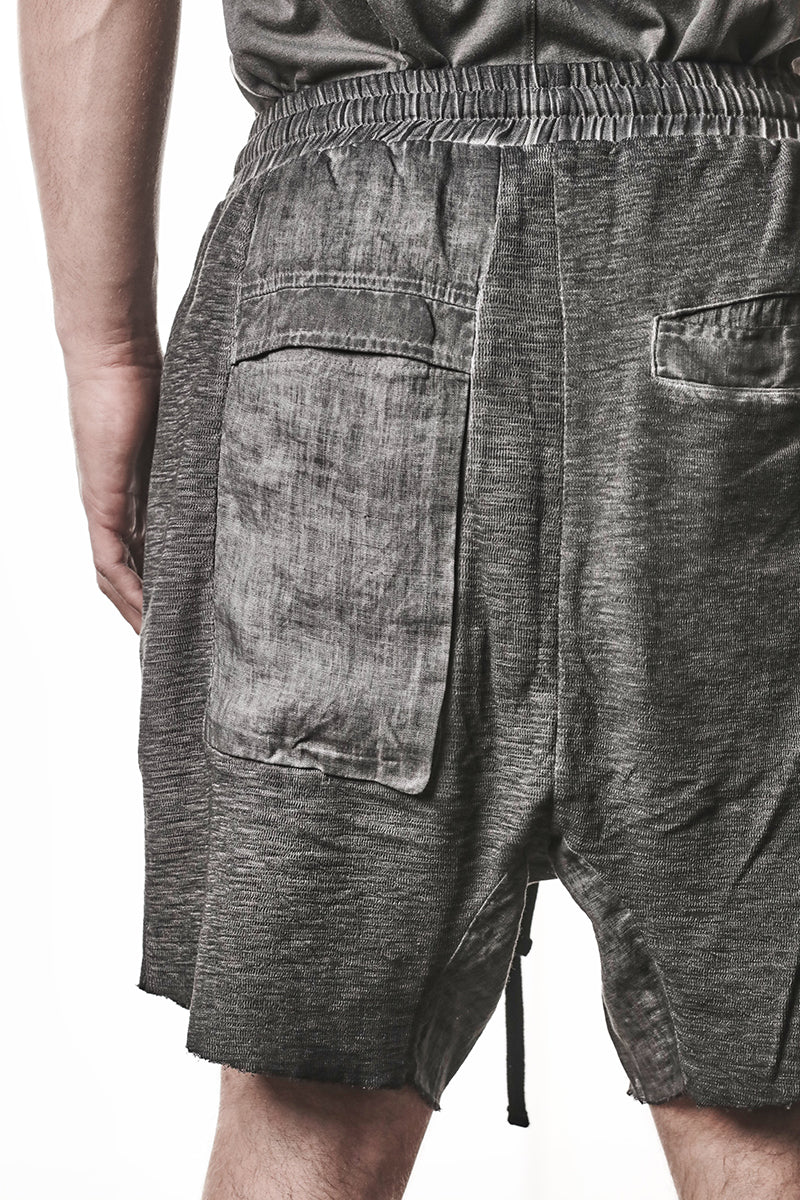 COLD DYED GREY PATCHED LINEN POCKETS SHORTS