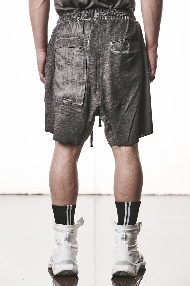 COLD DYED GREY PATCHED LINEN POCKETS SHORTS