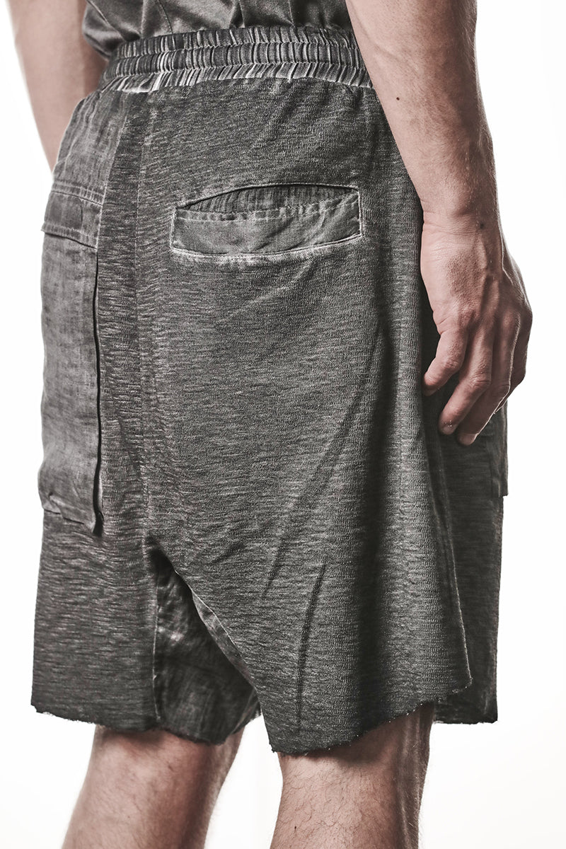 COLD DYED GREY PATCHED LINEN POCKETS SHORTS