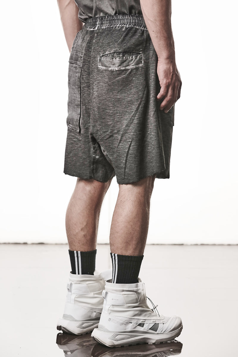 COLD DYED GREY PATCHED LINEN POCKETS SHORTS
