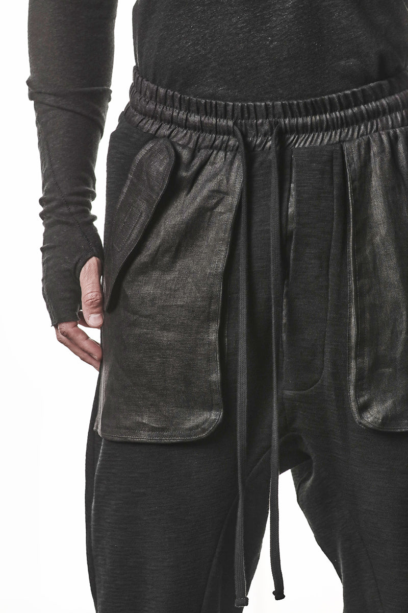 BLACK PATCHED LINEN POCKETS PANTS