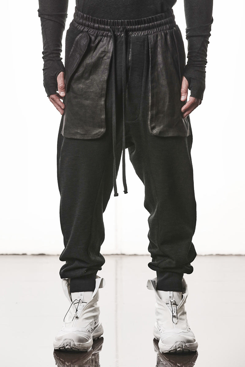 BLACK PATCHED LINEN POCKETS PANTS