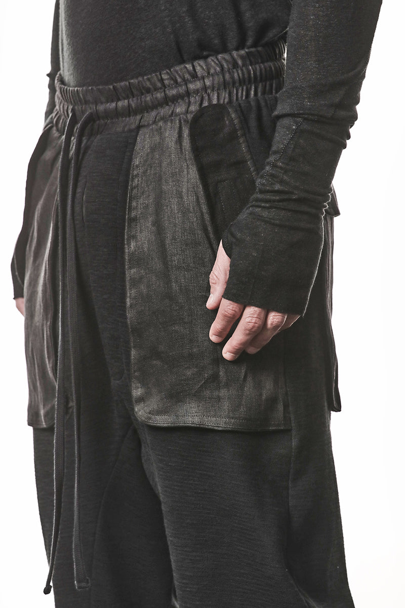 BLACK PATCHED LINEN POCKETS PANTS