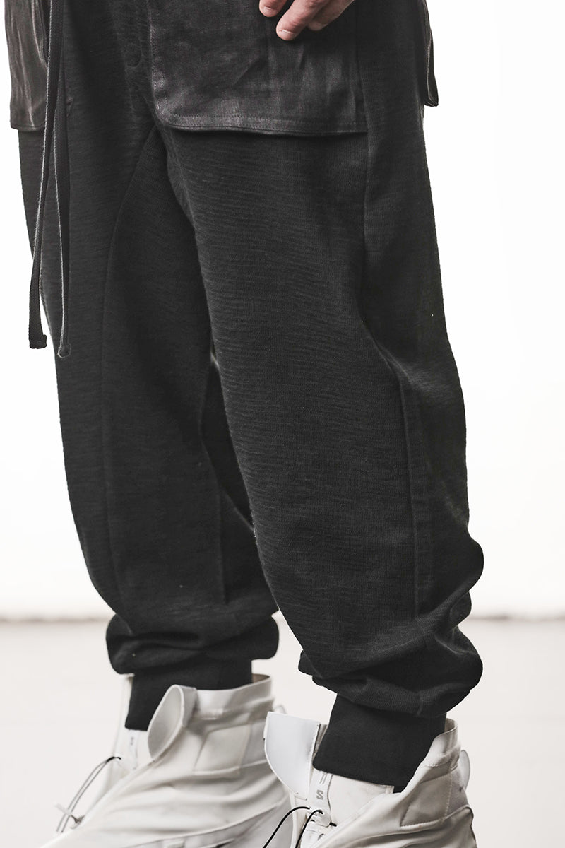 BLACK PATCHED LINEN POCKETS PANTS
