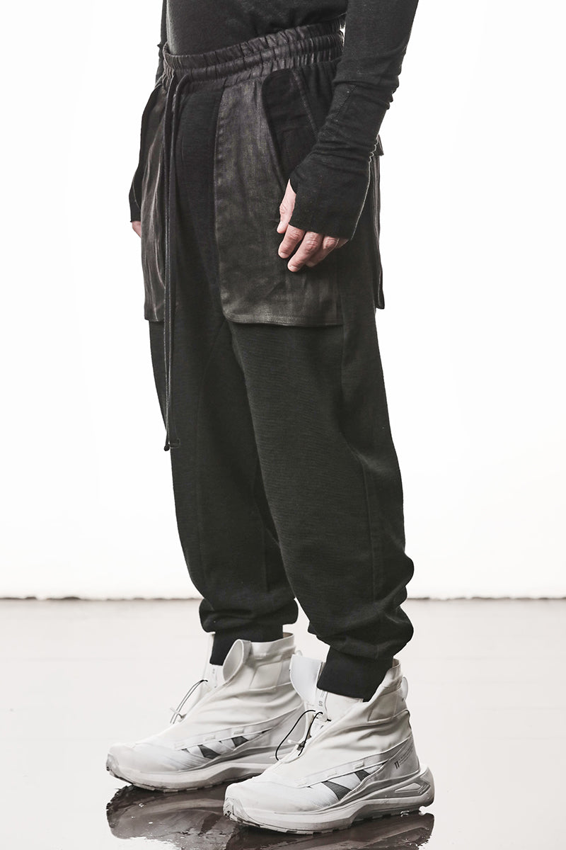 BLACK PATCHED LINEN POCKETS PANTS