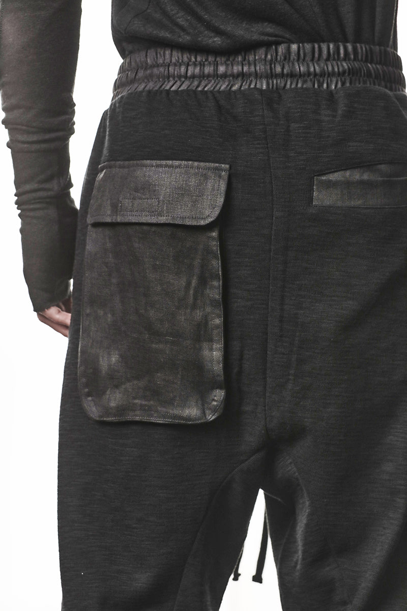 BLACK PATCHED LINEN POCKETS PANTS