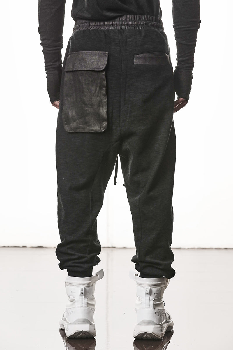 BLACK PATCHED LINEN POCKETS PANTS
