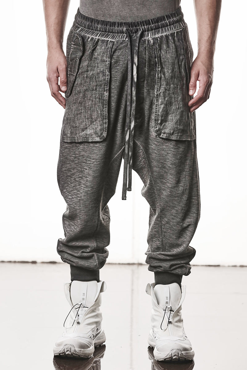 COLD DYED GREY PATCHED LINEN POCKETS PANTS