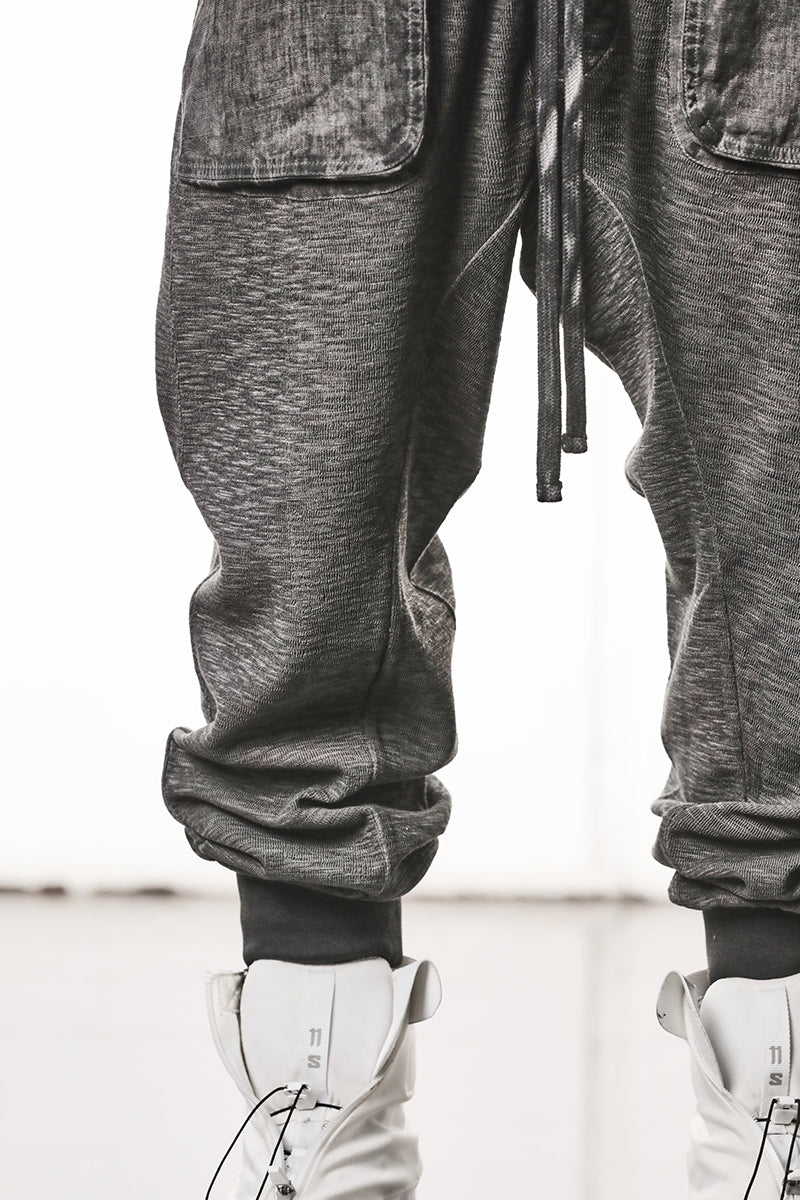 COLD DYED GREY PATCHED LINEN POCKETS PANTS