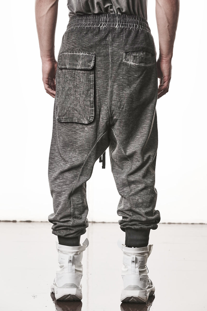 COLD DYED GREY PATCHED LINEN POCKETS PANTS