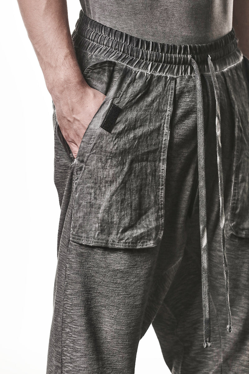 COLD DYED GREY PATCHED LINEN POCKETS PANTS
