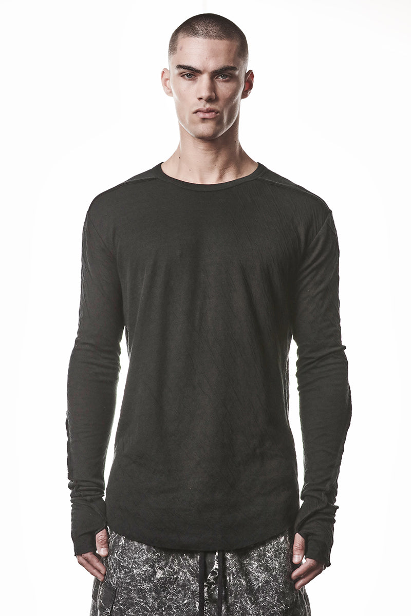 BLACK CRASHED BONDED COTTON LONG SLEEVES TOP
