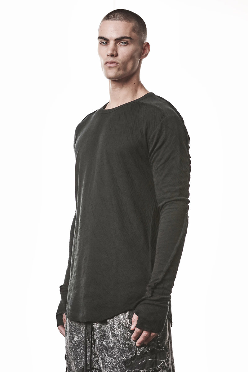 BLACK CRASHED BONDED COTTON LONG SLEEVES TOP