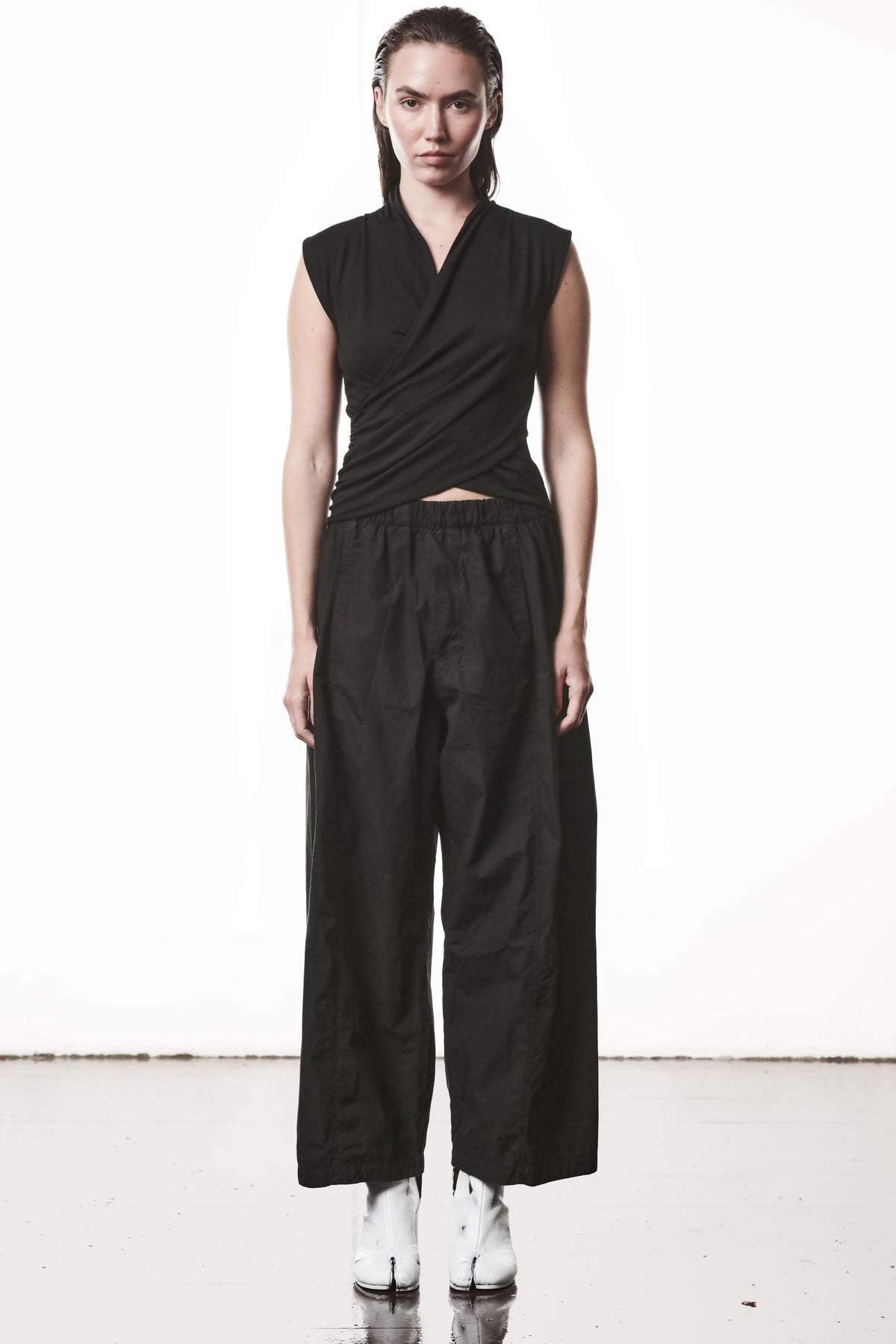 BLACK WRAPPED SILK MIX TOP