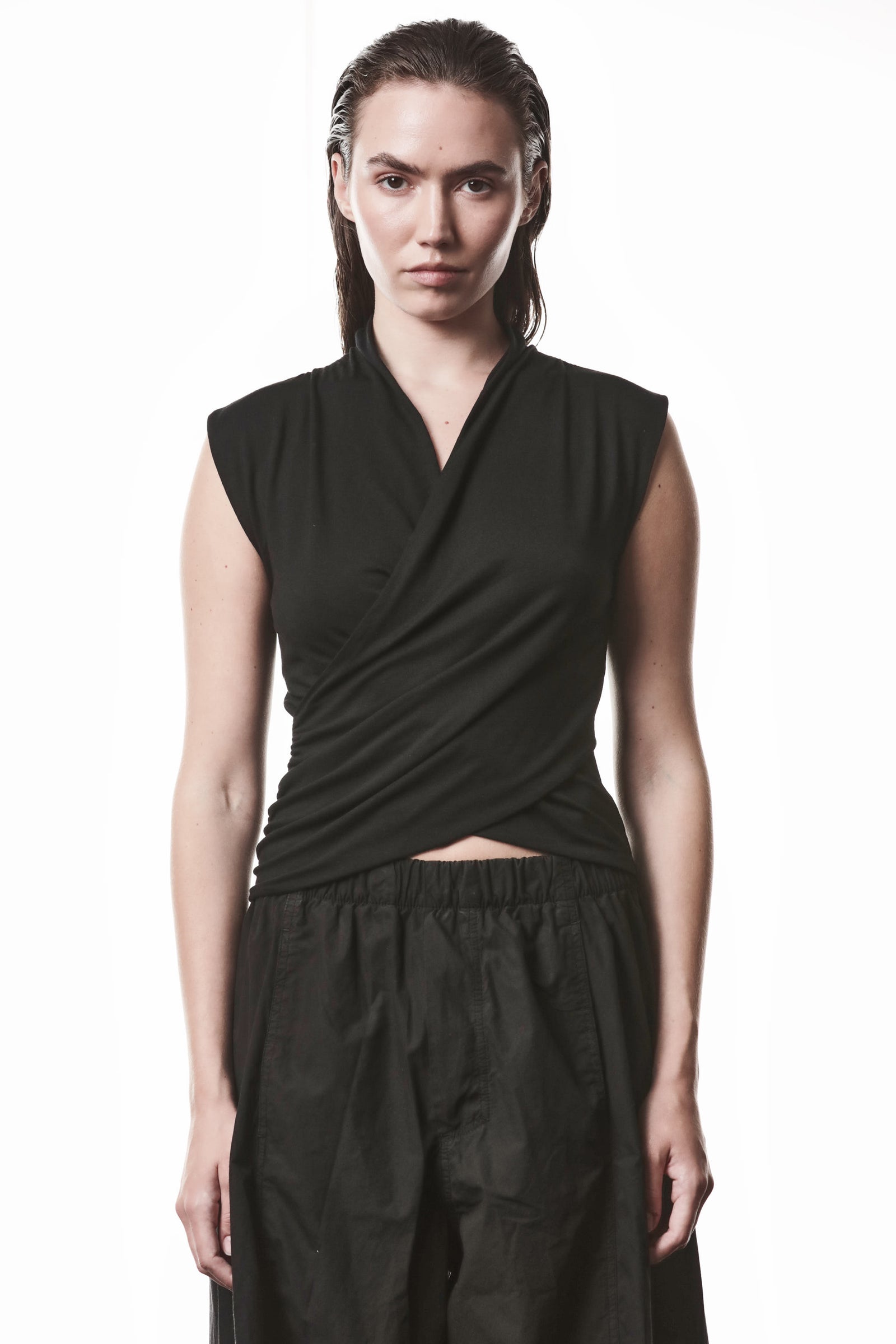 BLACK WRAPPED SILK MIX TOP