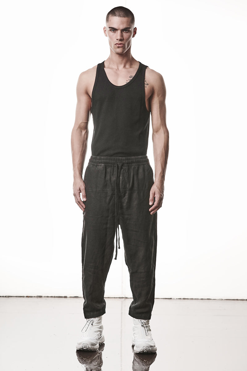 BLACK LINEN CROPPED LEG PANTS